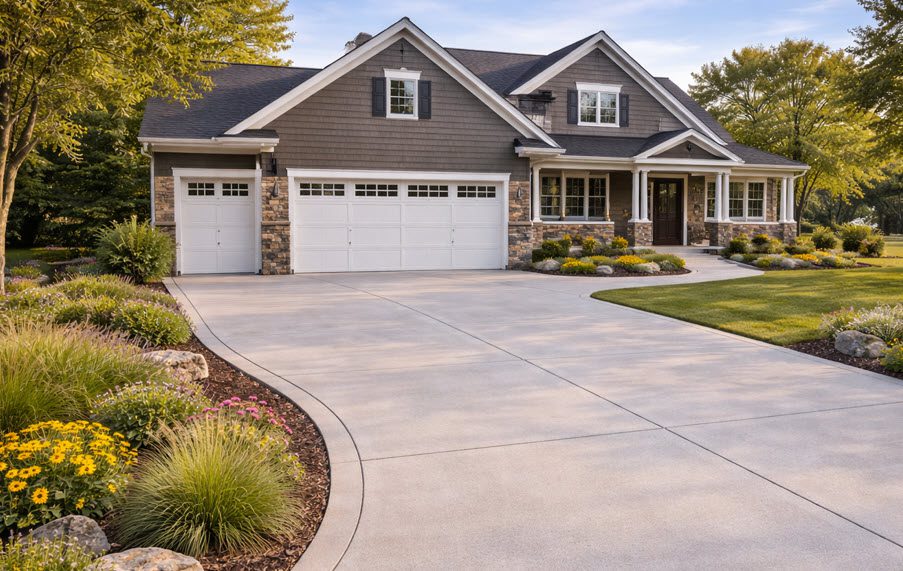 Concrete Drive in Bay View done by Concrete Contractor Morici Bros Concrete LLC Concrete driveway leading to a residential home in Bay View, WI, showcasing quality workmanship, landscaping features, and a blend of modern architecture.