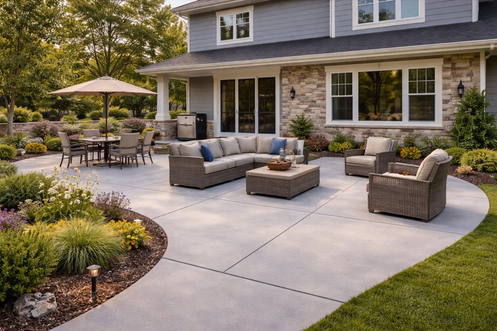 Concrete Patio in Bay View WI done by Concrete Contractor Morici Bros Concrete LLC Concrete patio with outdoor seating, table, and umbrella, surrounded by landscaped garden, enhancing outdoor living space for Bay View homes.
