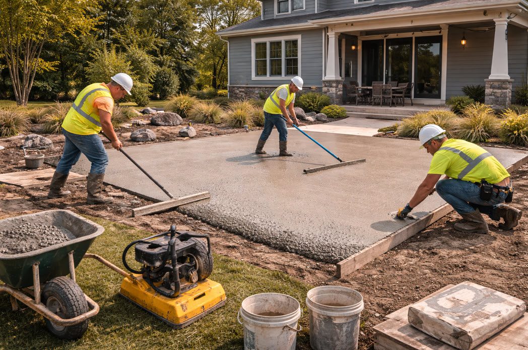 Concrete Services in Bay View WI by Morici Bros Concrete LLC Concrete contractors pouring and leveling fresh concrete for a residential patio in Bay View, WI, showcasing professional craftsmanship and durable materials.