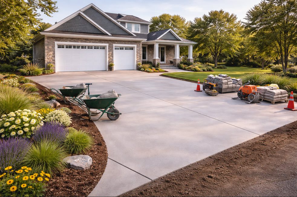 Concrete Services in Cudahy WI by Morici Bros Concrete LLC Residential property with newly poured concrete driveway, wheelbarrows, bags of concrete mix, and construction equipment, surrounded by landscaped garden in Cudahy, Wisconsin, showcasing Morici Bros Concrete LLC's professional concrete services.