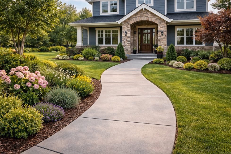 Concrete Sidewalk in Cudahy done by Concrete Contractor Morici Bros Concrete LLC Concrete walkway leading to a home, surrounded by vibrant landscaping and decorative flowers, highlighting curb appeal and safe access, relevant to Morici Bros Concrete's services in Cudahy.