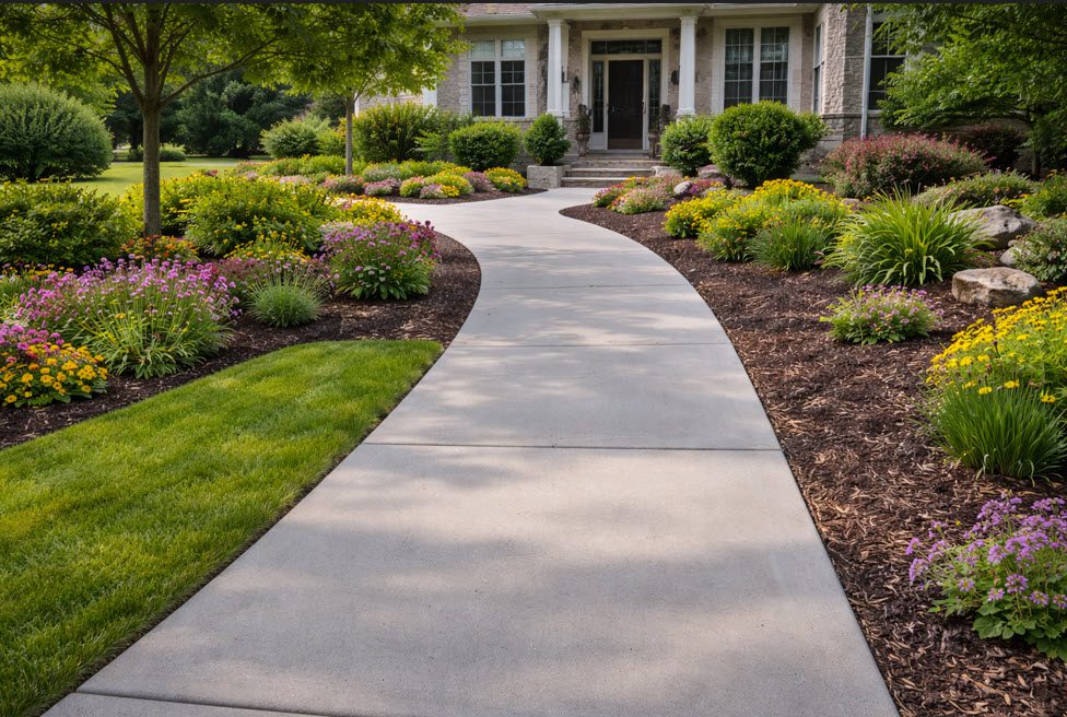 Concrete Sidewalk or Walkway in Bay View WI by Morici Bros Concrete LLC Concrete walkway leading to a house, surrounded by vibrant flower beds and lush greenery, showcasing Morici Bros Concrete's landscaping and sidewalk installation services in Bay View, Wisconsin.