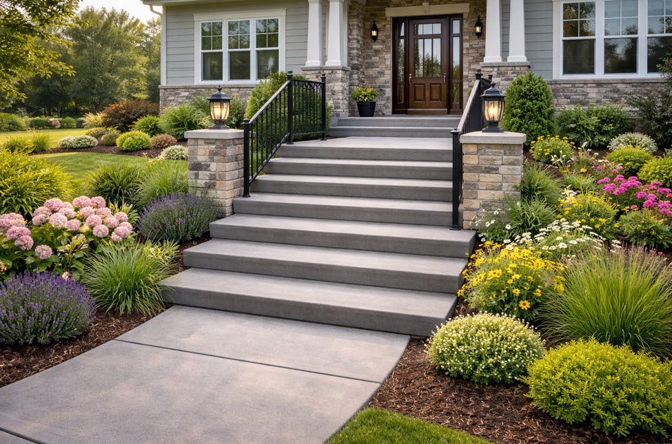 Concrete Stairs in West Allis done by Concrete Contractor Morici Bros Concrete LLC Concrete steps leading to a home entrance, surrounded by colorful landscaping and decorative lighting, showcasing quality concrete installation by Morici Bros Concrete in West Allis.
