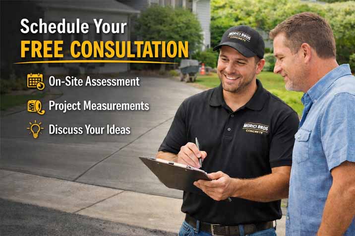 Man in Morici Bros uniform discussing project details with a homeowner, highlighting free consultation services including on-site assessment, project measurements, and idea discussions for concrete solutions.