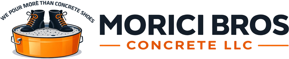 Morici Bros Concrete LLC logo featuring construction boots on a concrete mixer, emphasizing quality concrete services and craftsmanship.