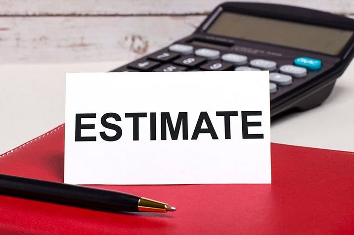 Estimate card on a red notebook with a calculator and pen, symbolizing clear written quotes for concrete projects from Morici Bros Concrete LLC.