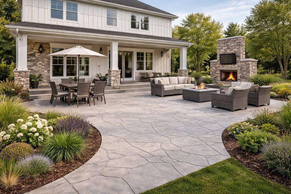 Stamped Concrete in Bay View done by Concrete Contractor Morici Bros Concrete LLC Decorative stamped concrete patio with fire pit, outdoor seating, and dining area, surrounded by lush landscaping, enhancing residential spaces in Bay View, WI.