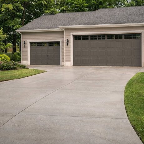 Concrete driveway leading to a home with two garage doors, showcasing a smooth finish and well-maintained landscaping, emphasizing quality installation by Morici Bros Concrete LLC.