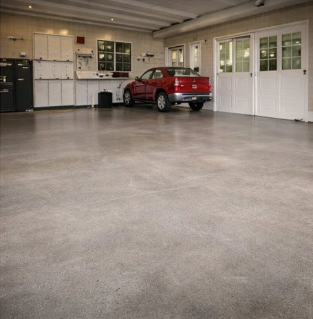 Concrete garage floor with a smooth, durable surface, featuring a parked red car and organized storage cabinets in a well-lit garage setting.