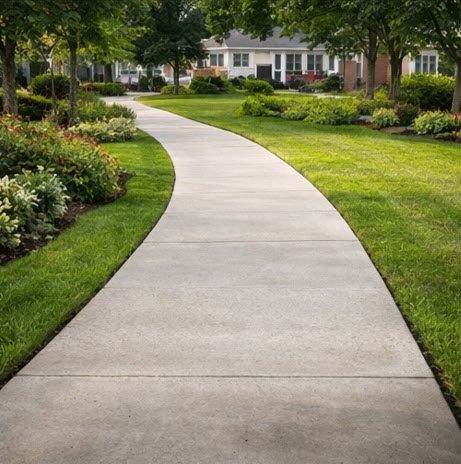 Curved concrete sidewalk surrounded by lush green grass and colorful flower beds, enhancing outdoor accessibility and aesthetics for residential properties.