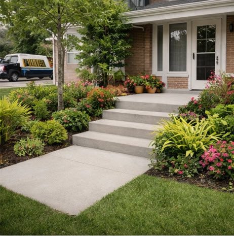 Concrete steps leading to a home entrance, surrounded by vibrant landscaping with flowers and shrubs, showcasing Morici Bros Concrete's craftsmanship in durable and aesthetically pleasing concrete installations.