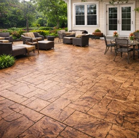 Stamped concrete patio with a textured finish resembling stone, surrounded by outdoor seating and greenery, showcasing durability and aesthetic appeal for outdoor living spaces.