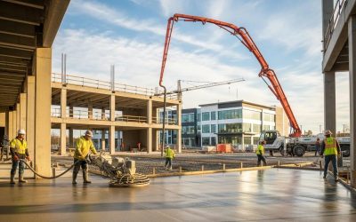 Construction workers pouring concrete at a commercial site with machinery and a modern building in West Allis, WI, highlighting concrete installation services.