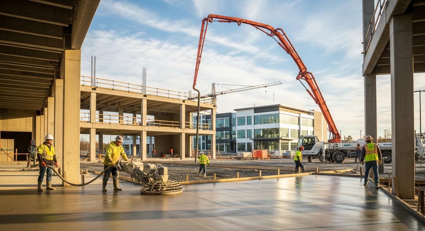 Construction site with workers pouring industrial concrete, showcasing commercial concrete services by Morici Bros Concrete LLC, featuring machinery and a modern building in the background.