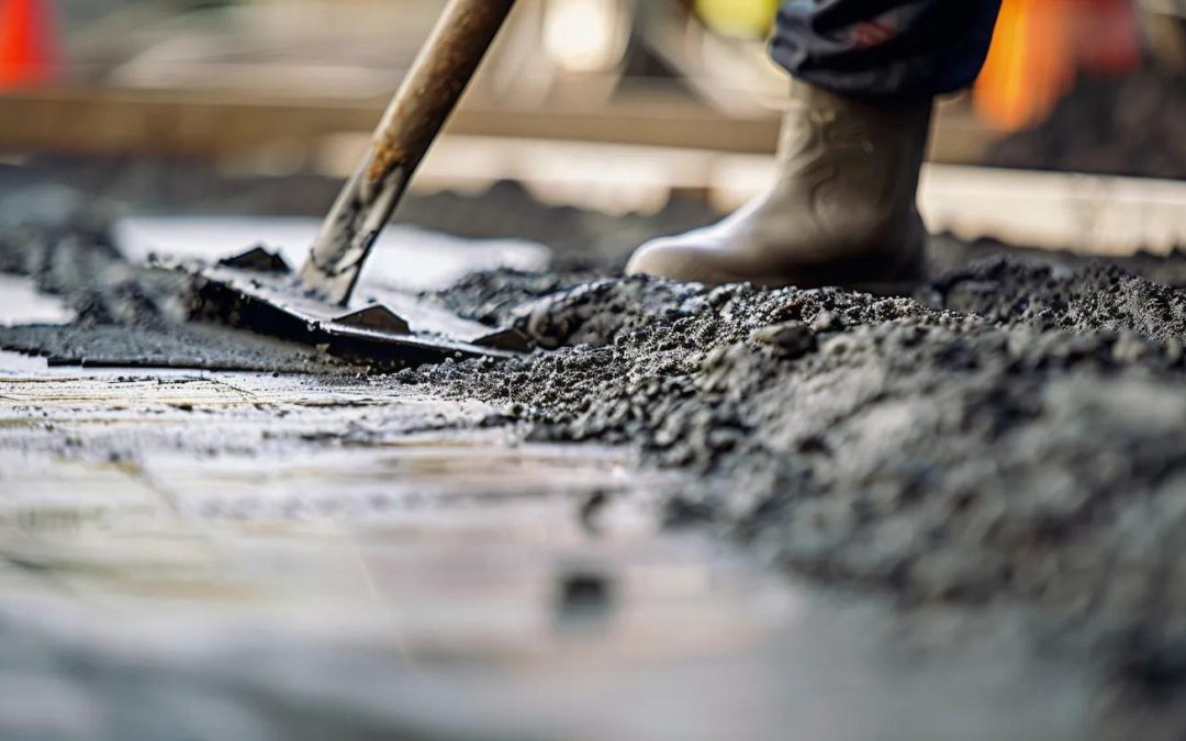 Worker using a shovel to spread fresh concrete for sidewalk installation, emphasizing professional concrete services in Milwaukee.