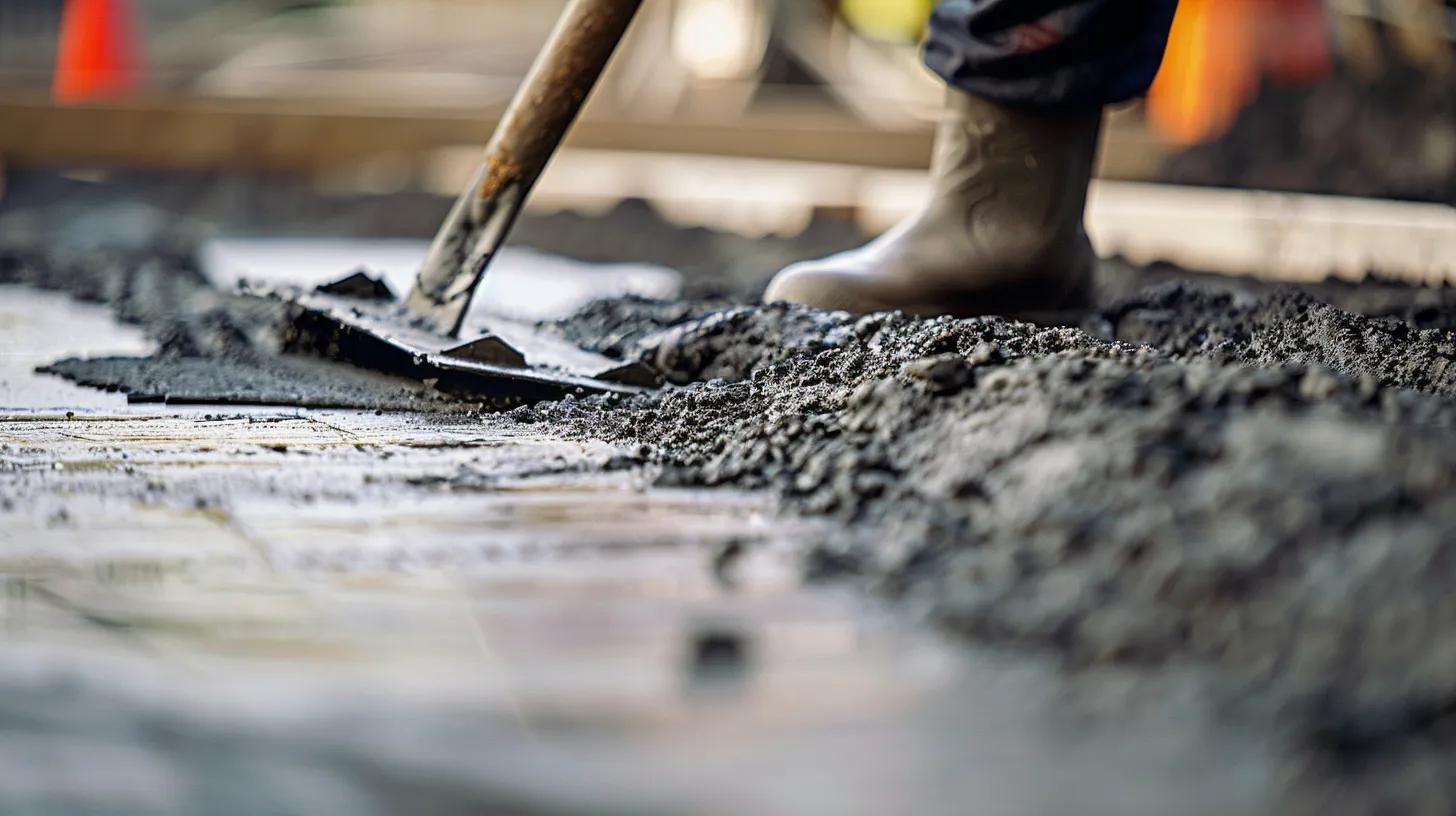 Concrete worker using a shovel to spread fresh concrete on a construction site, emphasizing craftsmanship in concrete services for residential and commercial projects in Milwaukee.