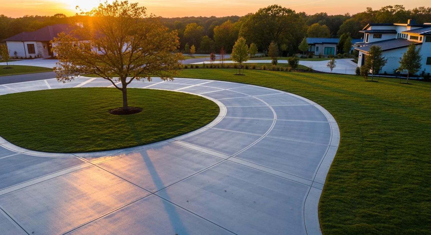 Curved concrete driveway with a landscaped center tree, showcasing a modern residential setting at sunset, emphasizing driveway replacement and design options.