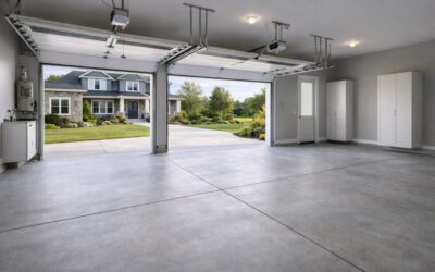 Concrete garage floor with open doors showcasing a well-lit interior and view of a landscaped yard, emphasizing durability and functionality for homeowners.