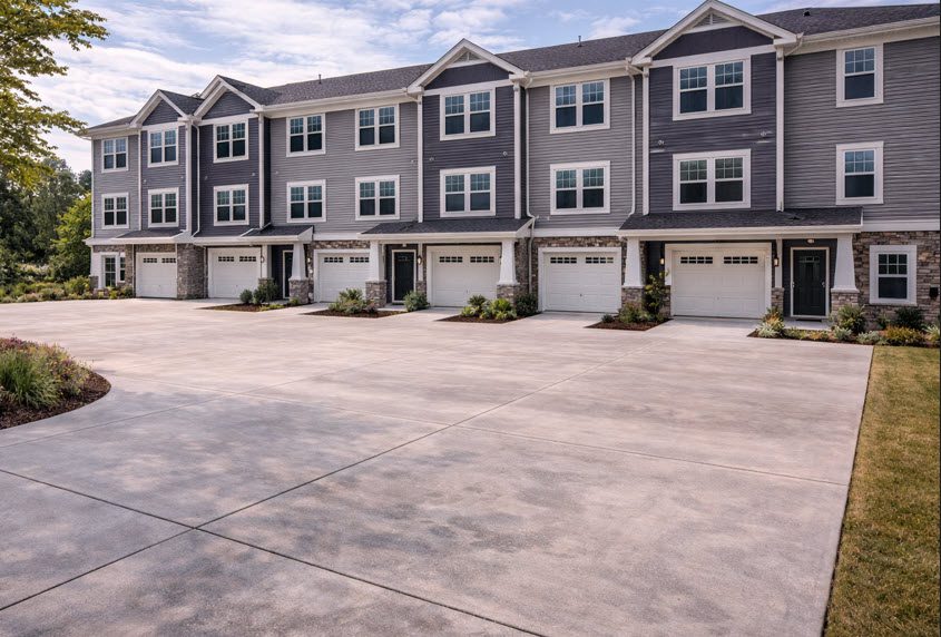 Concrete Parking Lot in South Milwaukee done by Concrete Contractor Morici Bros Concrete LLC Concrete parking lot in front of residential buildings in South Milwaukee, showcasing a smooth surface designed for durability and functionality.
