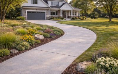 Concrete sidewalk leading to a residential home, surrounded by landscaped gardens and colorful flowers, emphasizing durable concrete solutions for homeowners in West Allis, WI.