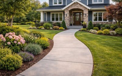Concrete sidewalk leading to a residential home, surrounded by lush landscaping and colorful flowers, emphasizing durable outdoor surfaces for enhanced property appeal.