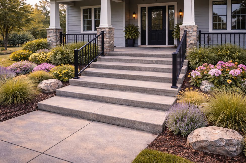 Concrete-Stairs-in-Pewaukee-done-by-Concrete-Contractor-Morici-Bros-Concrete-LLC Concrete steps leading to a home entrance, surrounded by colorful flowers and landscaping, showcasing decorative concrete installation by Morici Bros Concrete in Pewaukee.