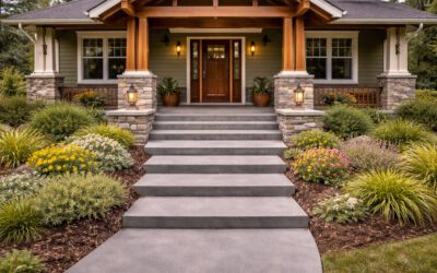 Custom concrete steps leading to a welcoming entrance, surrounded by lush landscaping and decorative plants, enhancing the aesthetic appeal of a home in Wauwatosa, WI.