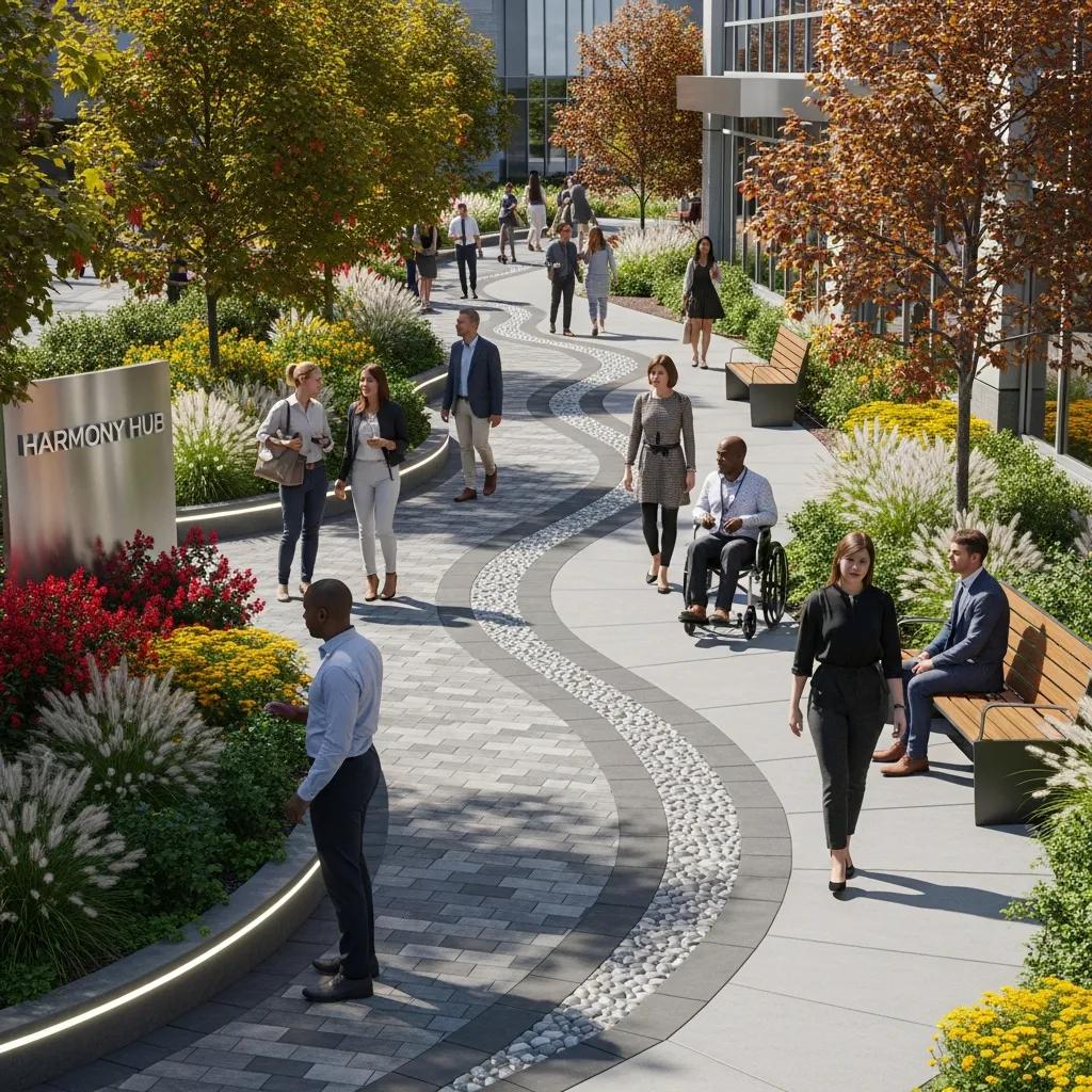 Aesthetic commercial concrete walkway at Harmony Hub, featuring diverse pedestrians, including a person in a wheelchair, surrounded by vibrant landscaping and modern seating areas, highlighting accessibility and design.