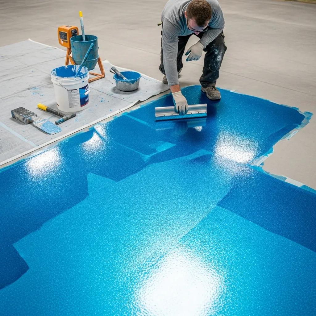 Worker applying vibrant blue epoxy coating on concrete floor, showcasing a glossy finish and durability, with tools and materials for epoxy application visible.
