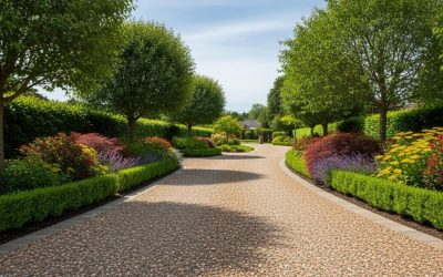 Exposed aggregate driveway surrounded by vibrant greenery and colorful landscaping, showcasing durability and aesthetic appeal for outdoor transformation.