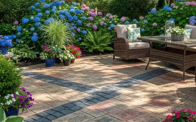 Beautifully designed stamped concrete patio featuring vibrant flowers and lush greenery, creating an inviting outdoor space for relaxation and gatherings.