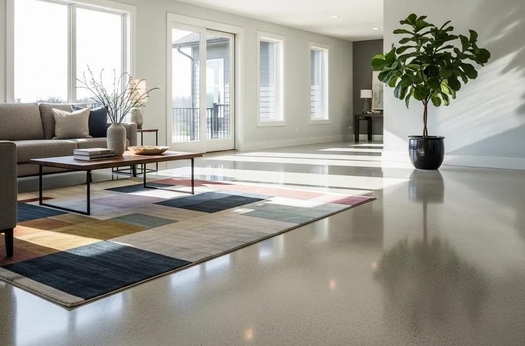 Beautifully finished concrete floor in a modern residential living space, showcasing durability and aesthetic appeal, complemented by a stylish area rug and contemporary furniture.