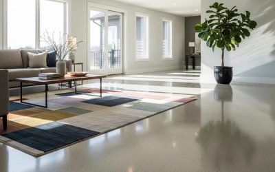 Beautifully finished concrete floor in a modern residential space, showcasing durability and aesthetic appeal, with a cozy seating area and decorative rug.