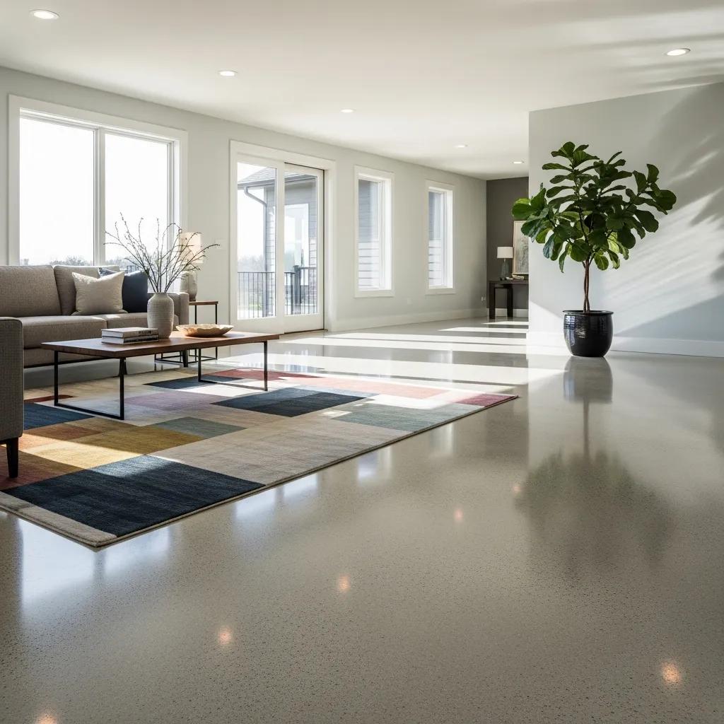 Beautifully finished concrete floor in a modern residential living space, showcasing durability and aesthetic appeal, with natural light illuminating the area and a stylish rug complementing the decor.