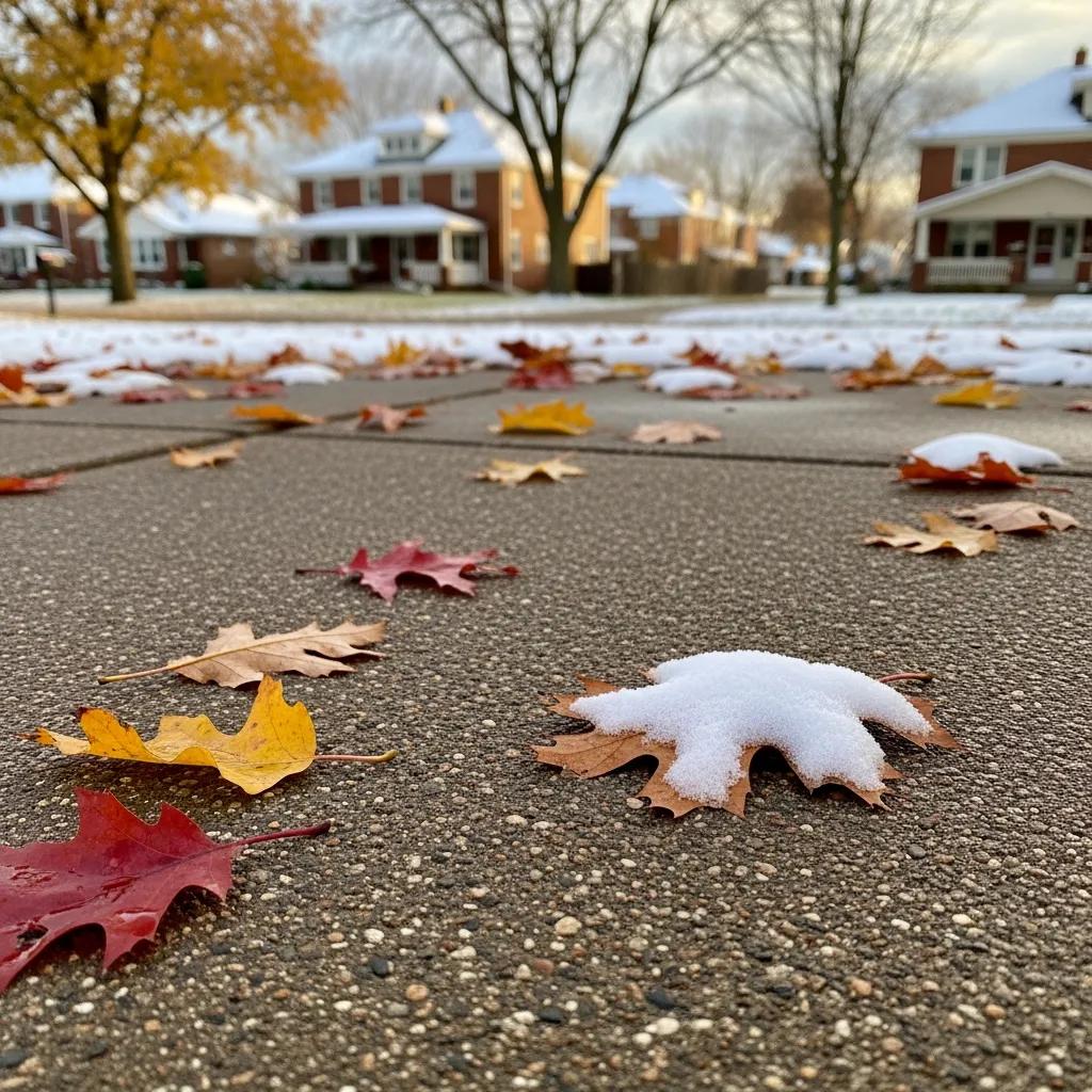Close-up of a durable concrete patio surface with scattered autumn leaves and light snow, illustrating seasonal changes in a West Allis neighborhood.