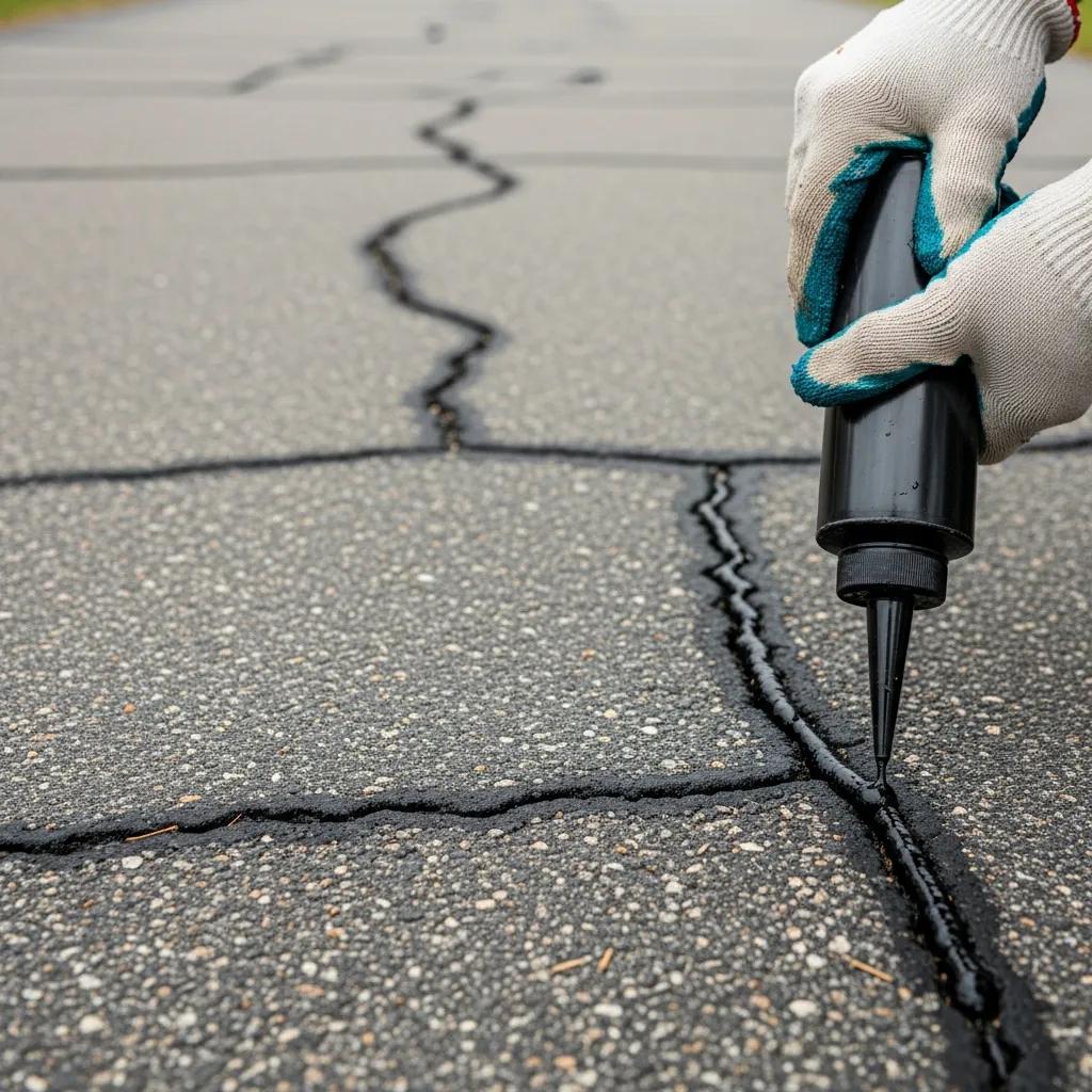Person using a crack filler tool to repair asphalt driveway cracks, focusing on effective maintenance techniques for prolonging driveway lifespan.