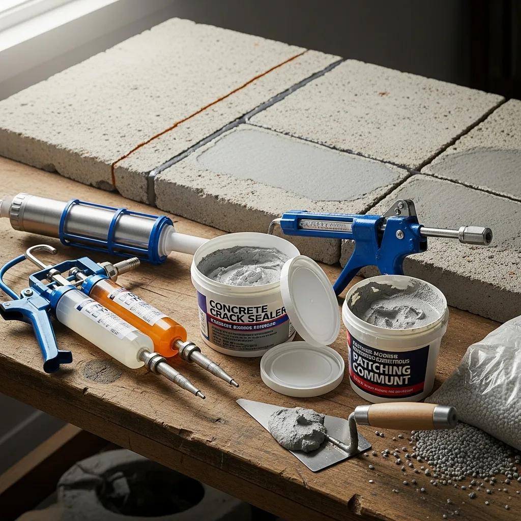 Close-up of concrete repair materials including crack sealer, patching compound, and injection tools, emphasizing effective methods for repairing structural cracks.