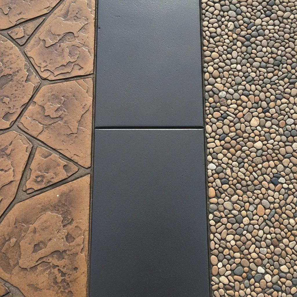 Close-up of decorative concrete finishes featuring stamped brown stone, smooth black concrete, and exposed aggregate with small pebbles, highlighting custom patio options for Milwaukee homeowners.