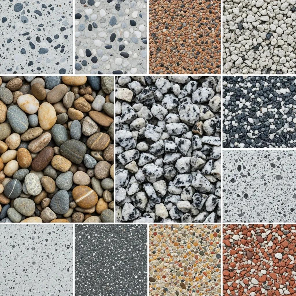 Close-up of various exposed aggregate concrete finishes showcasing unique textures and colors, highlighting design flexibility and aesthetic options for patios, driveways, and walkways.