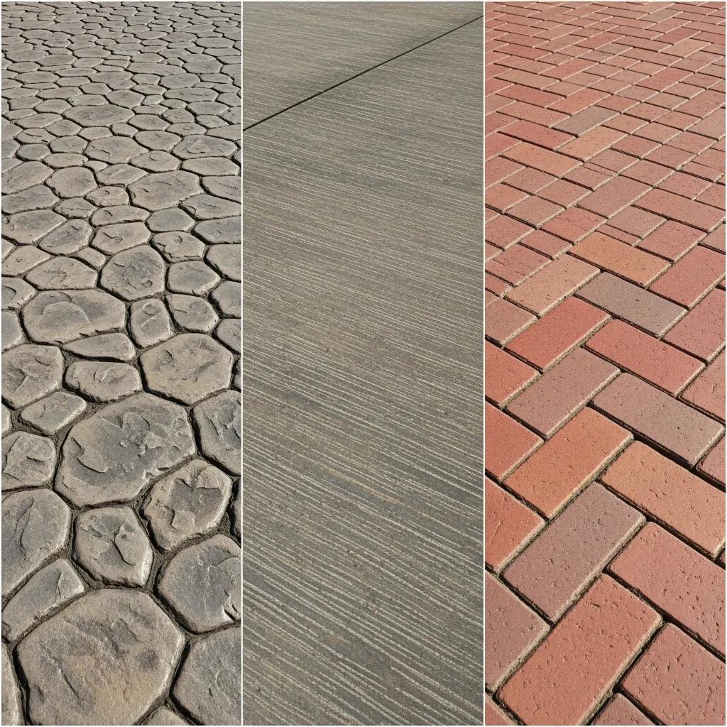 Collage of popular outdoor stamped concrete patterns, featuring cobblestone, textured slate, and brick designs, showcasing decorative options for custom patios.