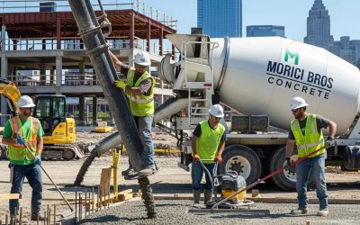 Workers from Morici Bros pouring concrete at a commercial construction site in Milwaukee, showcasing teamwork and expertise in concrete services.