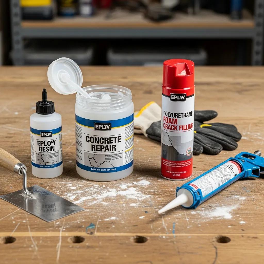 EPLY concrete repair products including epoxy resin, polyurethane foam crack filling, and a trowel on a workbench, illustrating effective methods for repairing large concrete cracks.