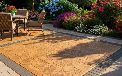 Stamped concrete patio with decorative patterns, surrounded by colorful flowers and outdoor furniture, illustrating outdoor living space enhancement.
