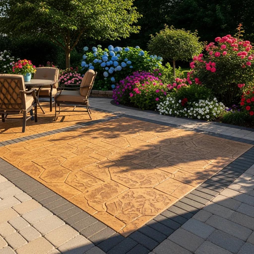 Stamped concrete patio with decorative texture, surrounded by colorful flowers and greenery, showcasing outdoor seating area for homeowners considering patio materials.