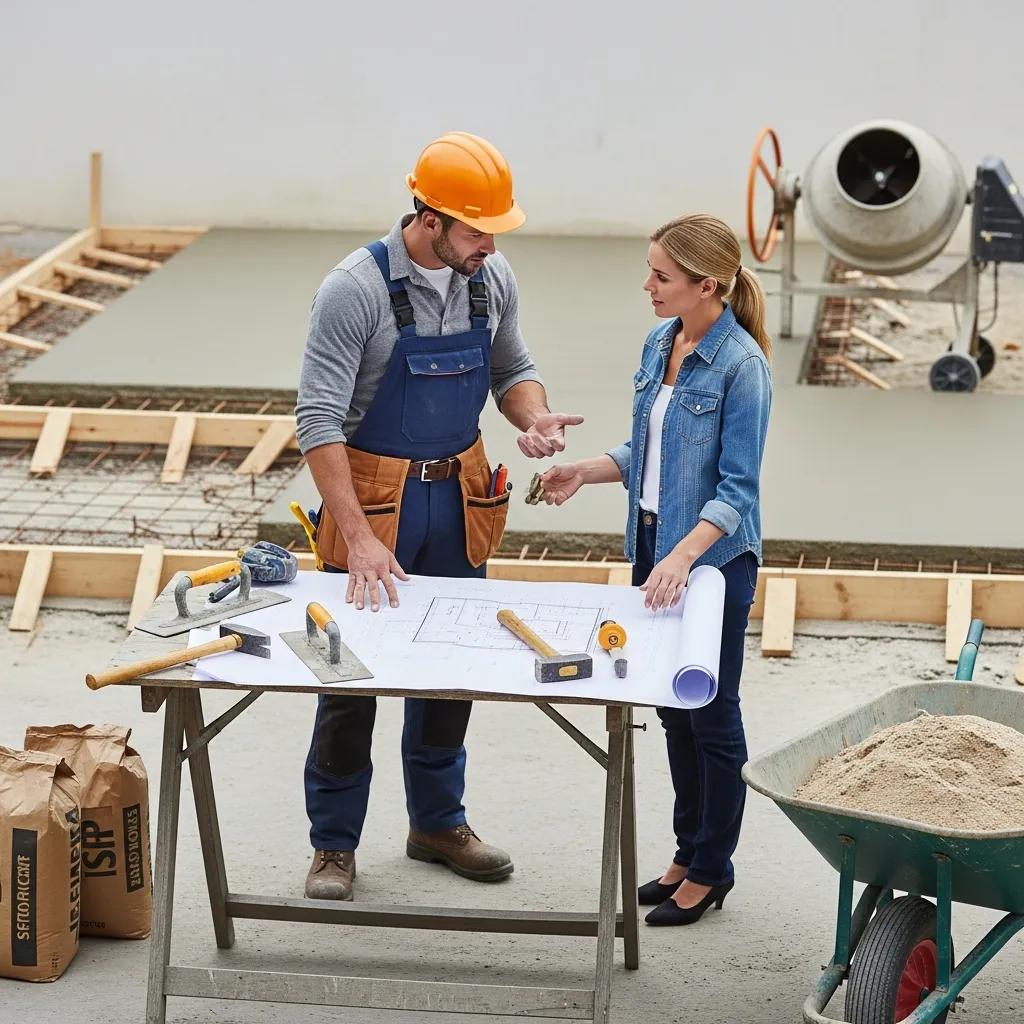 Concrete contractor discussing project plans with homeowner at a construction site, featuring blueprints and tools, emphasizing the importance of choosing a reliable contractor.