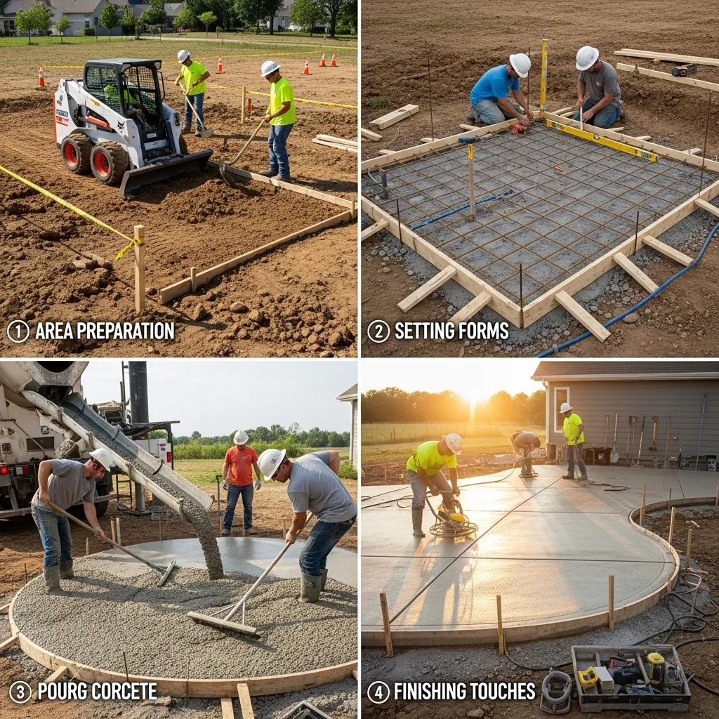 Concrete patio installation process showing area preparation, form setting, pouring concrete, and finishing touches, highlighting custom outdoor space development in Wauwatosa, WI.