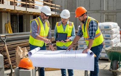 Construction site in Wisconsin with workers reviewing concrete project plans and materials, wearing safety helmets and vests, surrounded by construction supplies.