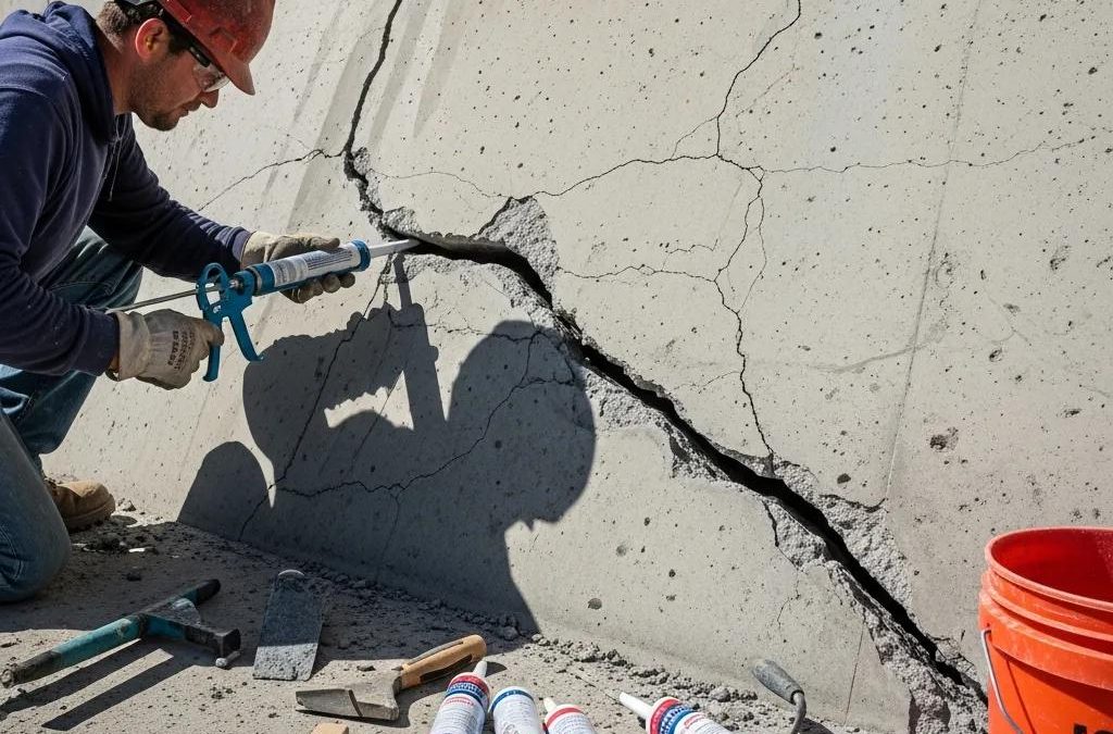 Construction worker applying sealant to large concrete crack, showcasing effective repair methods for maintaining structural integrity in concrete structures.