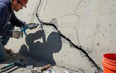 Construction worker repairing a large concrete crack with sealant, showcasing tools and materials for effective concrete repair.