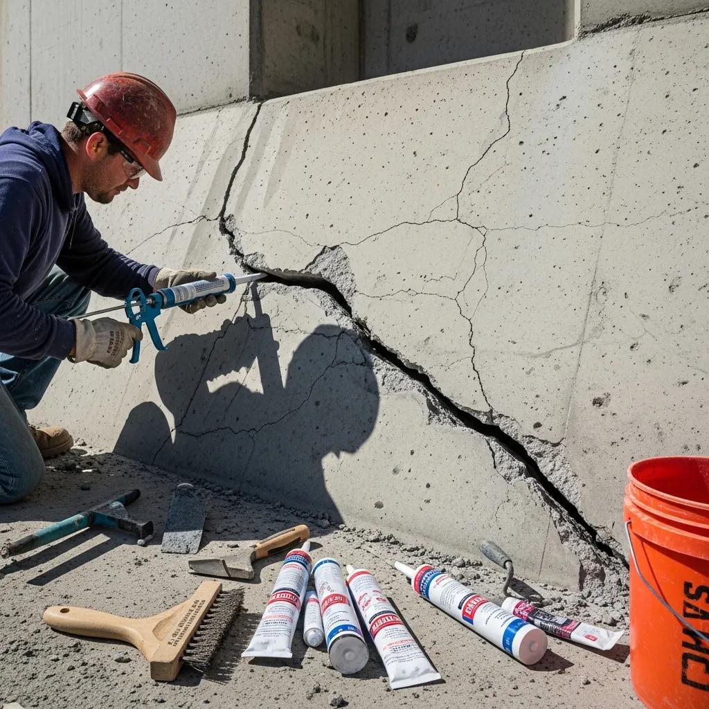 Construction worker using sealant to repair large concrete crack, surrounded by repair tools and materials, emphasizing effective concrete crack repair methods.